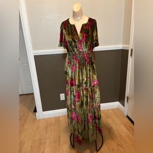 Anthropologie Somerset Maxi Velvet Dress Long Tiered Green Floral
